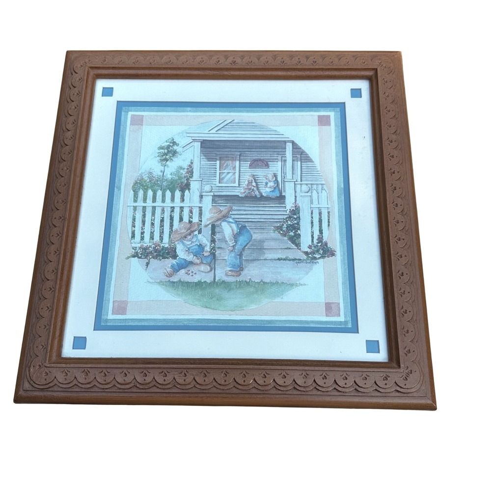 Vintage Gerri Buteyn Framed Art Print Country Children Playing Marbles Farmhouse